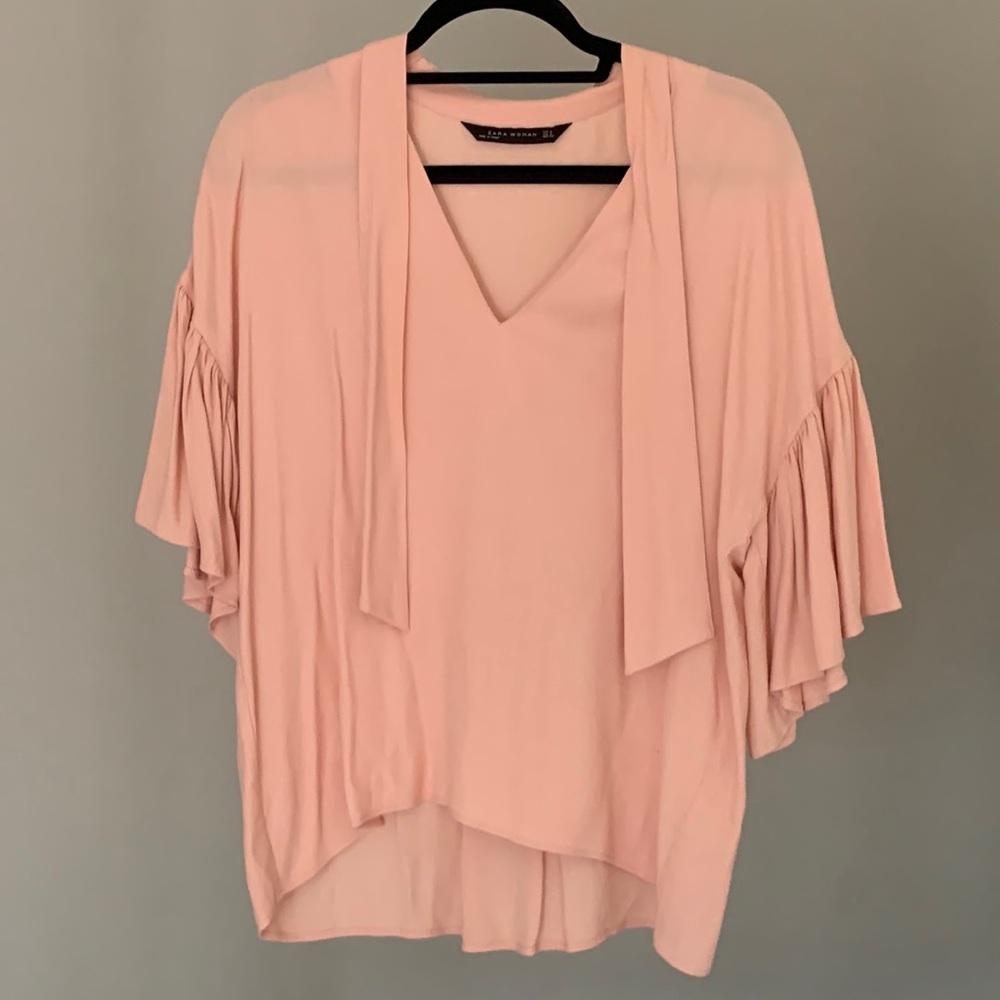 Zara Pink Flowy Top with Shoulder Detail and Tie around neck, Size S